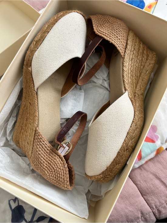 Sezane Shoes - Sezane Canvas Espadrille Wedge Sandals - Cream and Tan
